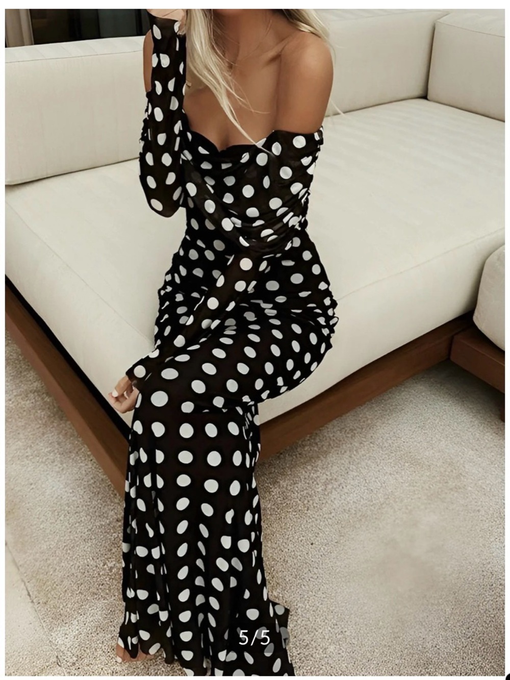 NWT - XL - Commense Off-Shoulder sheer Black & White Polka Dot Maxi Dress